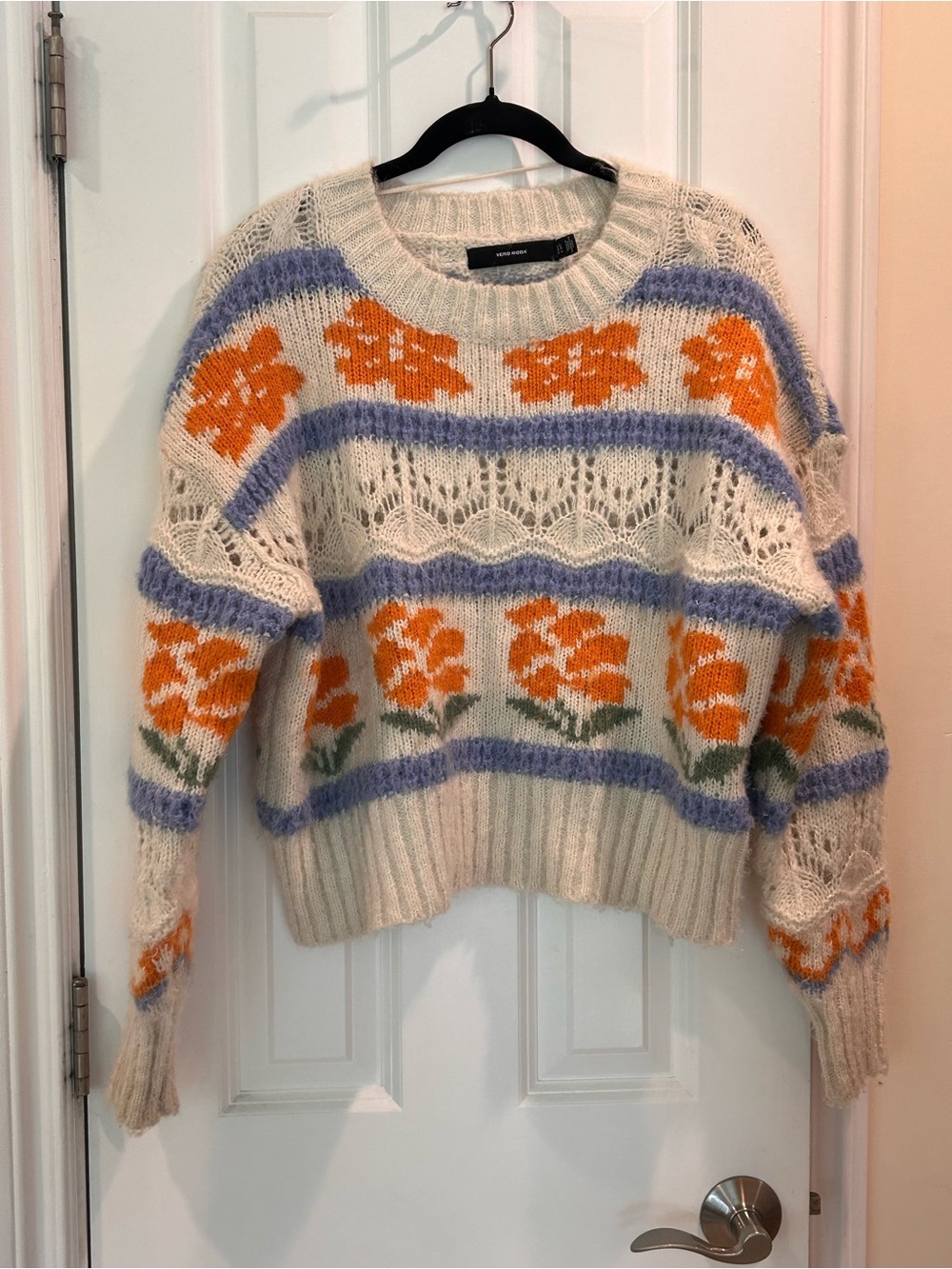 Vero Moda Floral Fair Isle Knit Sweater Cream Open Knit Cozy Cottagecore Boho - Picture 2 of 9